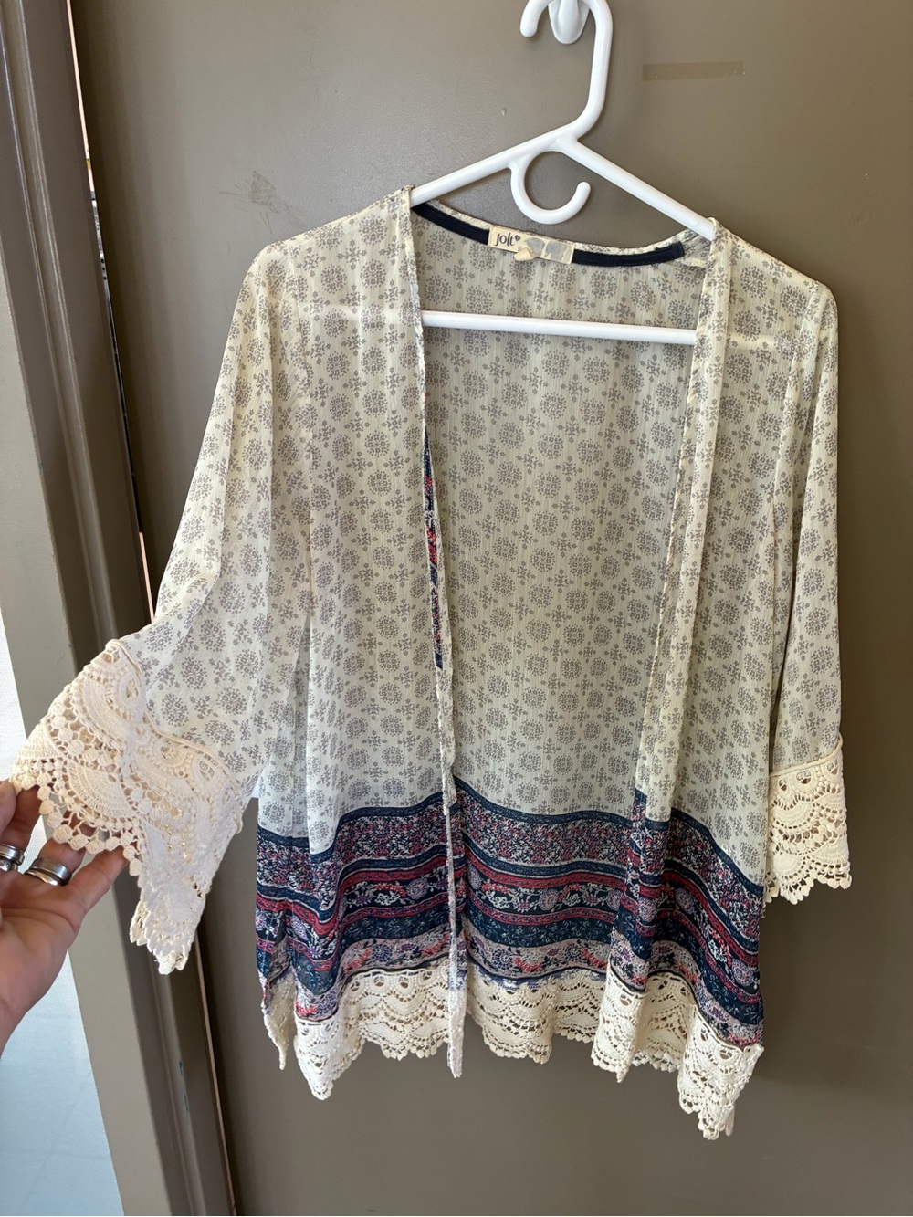 Jolt Cream and Navy Floral Crochet Trim Kimono